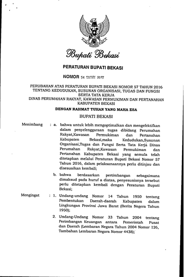 Peraturan Bupati Bekasi No 54 Tahun 2017 